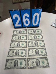 10 Green Seal Circulated 2 Dollar Bills Various Dates