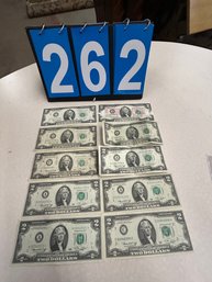 10 Green Seal Circulated 2 Dollar Bills Various Dates