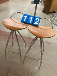 Pair Of Mid Century Modern Look Chrome / Wood High Chair Stools Marked Catalan Italia, Made In Italy