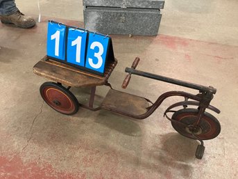 Antique Vintage Wood Pedal Car Type Toy With Slat Seat And Three Metal Wheel With Rubber Tires