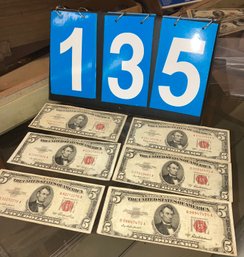 Lot Of 6 $5 Red Seal US Treasury Currency Bills, Lot 2