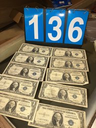 Lot Of 10 $1 Blue Seal US Treasury Silver Certificate Currency Bills, Lot 1