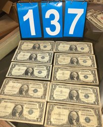 Lot Of 10 $1 Blue Seal US Treasury Silver Certificate Currency Bills, Lot 2