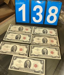Lot Of 7 $2 Red Seal US Treasury Certificate Currency Bills