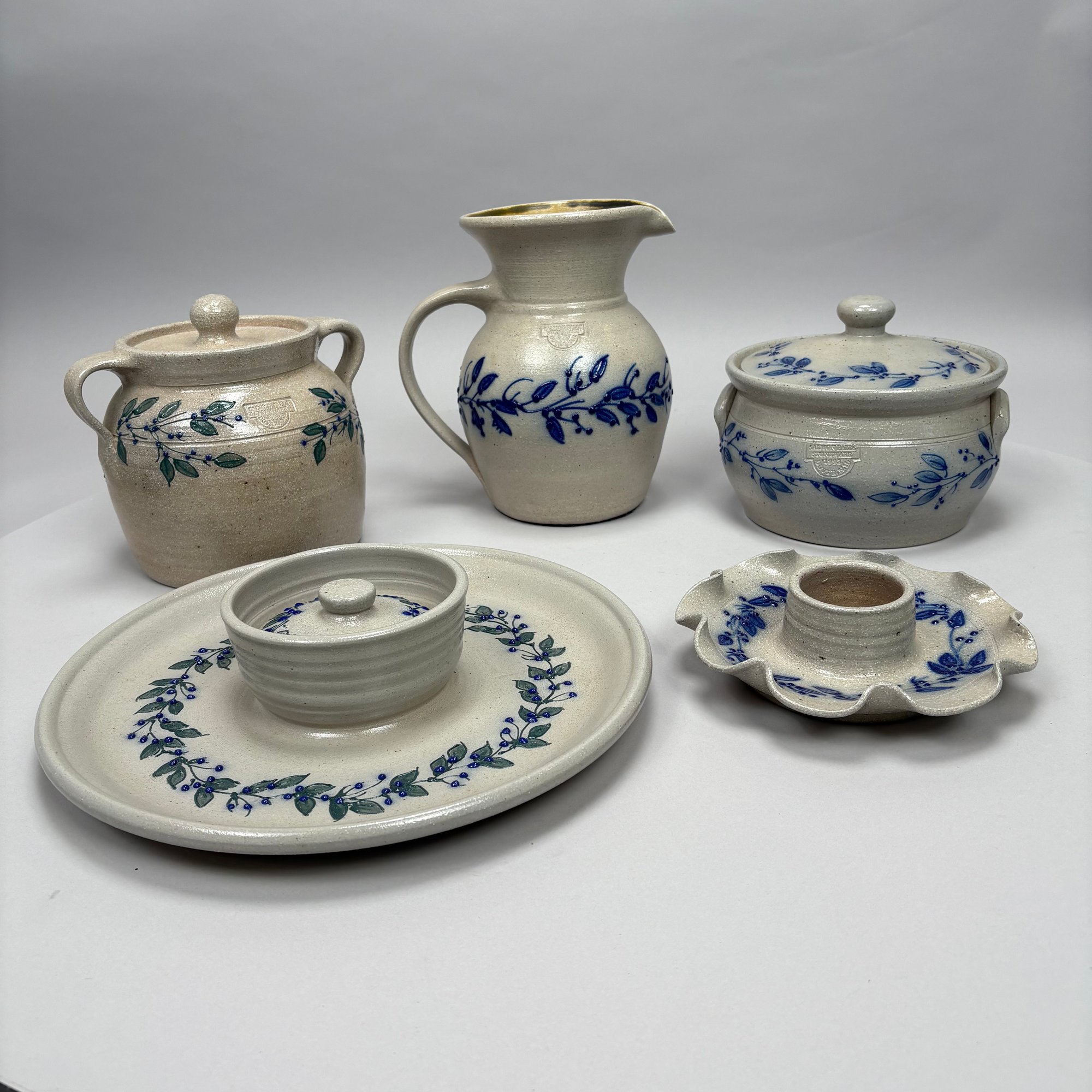Five Salmon Falls Pottery Saltglaze Cobalt Blue-Decorated