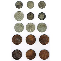 Six United States 2-Cent Coins (1864-1868) & Nine US 3-Cent Coins (1862-1858 & 1865-1869)