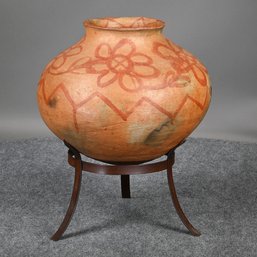 Large Southwest Red Pottery Olla, , Signed BATTE And A Wrought-Iron Stand