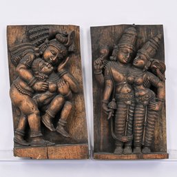 Pair Of Southeast Asian Or Indian Carved Wood Plaques