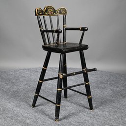 American Pine Highchair In Black Paint, Dated 1856