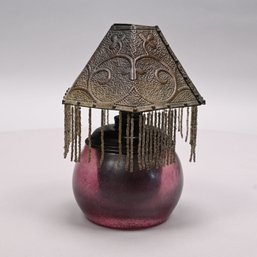 Art Glass Oil Lamp With Embossed Brass Shade, 1900 - 1920