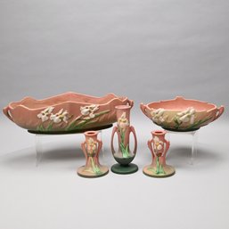 Five Roseville 'Iris' Candleholders, Bowls &a Vase