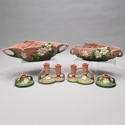 Six Roseville 'White Rose' Candleholders & Bowls