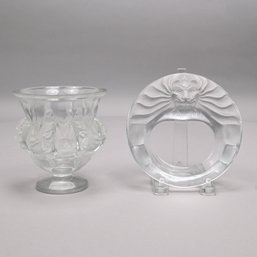 Lalique France 'Dampierre' Molded Colorless Glass Vase And 'Tete De Lion' Dish, Before 1978