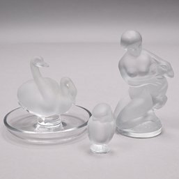 Three Lalique France Molded Colorless And Frosted Glass Table Objects, Before 1978