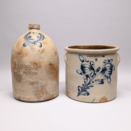 New York Stoneware Cobalt Blue-Decorated Crock & A Jug, Mid-19th Century
