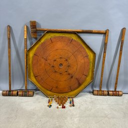 Canadian Painted Wood Crokinole Board, A Group Of Game Pieces And Five Croquet Mallets