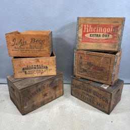 Six Printed Wooden Beer And Liquor Crates, Various Makers, Late 19th-Early 20th Century