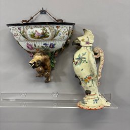 Dresden Porcelain Wall Shelf And An Emille Galle Faience 'Cockatoo' Jug, Both Circa 1880