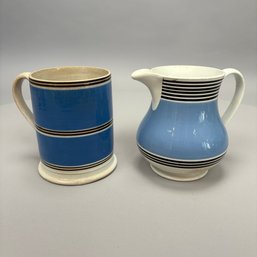 English Pearlware Mochaware Mug And A Pitcher, 19th Century