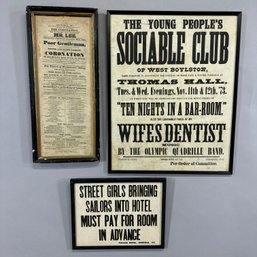 Two Printed Broadsides And A Print Of A Sign