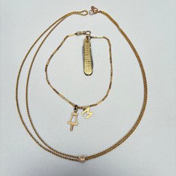 Chain Fitted With A 10k Yellow Gold Watch Winding Key And A Knife, And Two Gold-Filled Chains