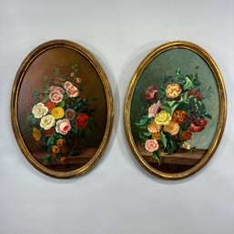 Pair Of Oval Still Life Portraits Of Flower Arrangements, Late 19th-Early 20th Century