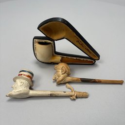 Meerschaum Pipe, David P. Ehrlich Co., Boston, Mass. & Two Clay Figural Pipes, Late 19th-Early 20th Century