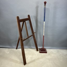 Folk Art Paint-Decorated Wood Barber's Pole/ Rod And A Primitive Wooden Easel