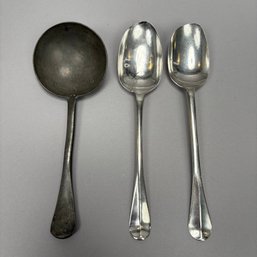 Two American Coin Silver Rattail Table Or Dessert Spoons, 18th Century, And A Pewter Spoon