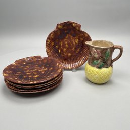 Set Of Six Wedgwood Majolica Plates And A Pitcher