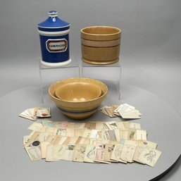 Camphora Jar, Calling Cards, Two Bowls & Crock