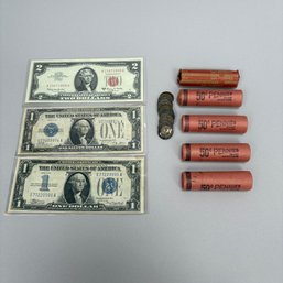 Five Rolls Of Indian Head Cents And Three Bills