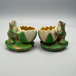 Two Weller Pottery 'Coppertone' Frog & Lily Vases