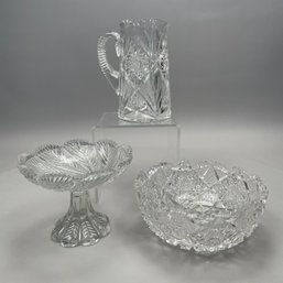 Brilliant Cut Glass Pitcher, Bowl & Pressed Tazza