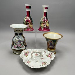 Four Continental Painted Porcelain Vases & A Dish