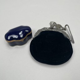 Dutch Silver And Velvet Chatelaine Purse And A Limoges Porcelain Trinket Box, Late 19th-20th Century