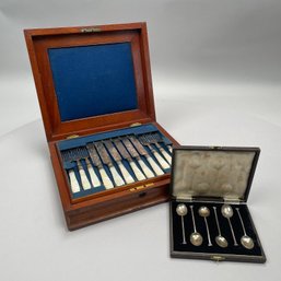 Set Of Six George VI Silver Coffee Spoons, Barker Brothers Silver, Ltd., 1950 & A Silverplate Dessert Service