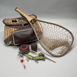 Leather And Woven Willow Creel, Lures, Reel & Net