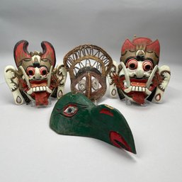 Three Carved & Painted Wood Masks & A Woven Mask