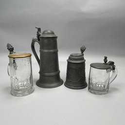 Four Continental Pewter And Glass Steins