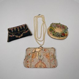 Two French Purses, American Purse, & Faux Pearls