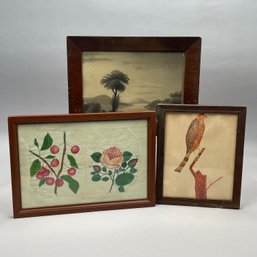 Three Folk Art Watercolor And Sand Paintings