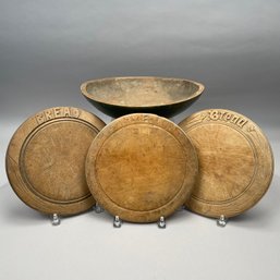 Painted Wooden Bowl And Three Bread Trays