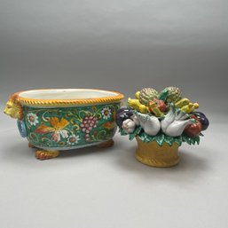 Italian Faience Basket Of Fruit And A Jardiniere