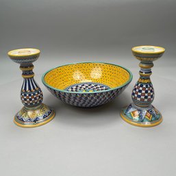 Italian Faience Bowl And Pair Of Candlesticks
