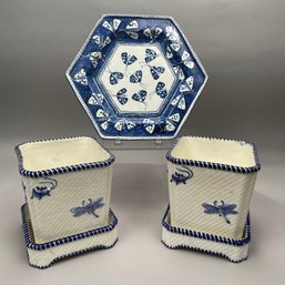 Italian Faience Dish, R. Radda & Pair Jardinieres