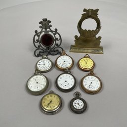 Eight American Pocket Watches & Two Watch Holders