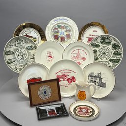 Ten Fire Department Plates And A Commemorative Pitcher, Ashtray, Glass Tray & Framed Badge, 20th Century