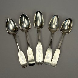Five American Coin Silver Fiddle-Handle Tablespoons, 19th Century