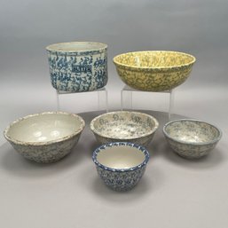 Five Earthenware Sponge-Decorated Bowls & A Crock